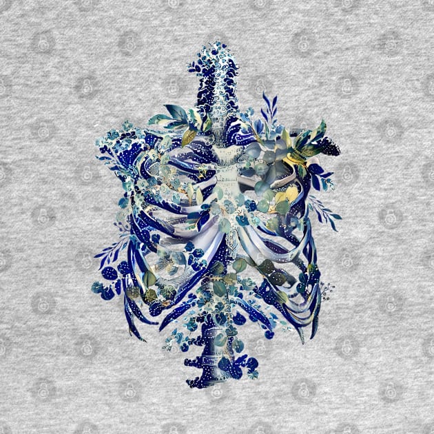 Blue Ribcage, rib cage, anatomy skeleton blue eucaliptus leaves, the great wave style by Collagedream